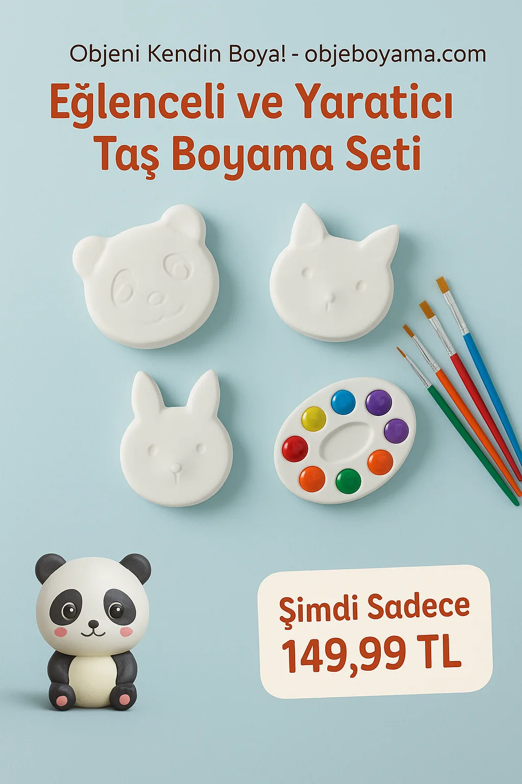 Eğlenceli ve Yaratıcı Taş Boyama Seti — Panda Figürleri